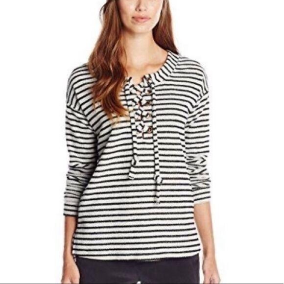 Sanctuary Day Beacon Stripe Lace-Up French Terry Pullover Sweater Women's Medium - Picture 1 of 9